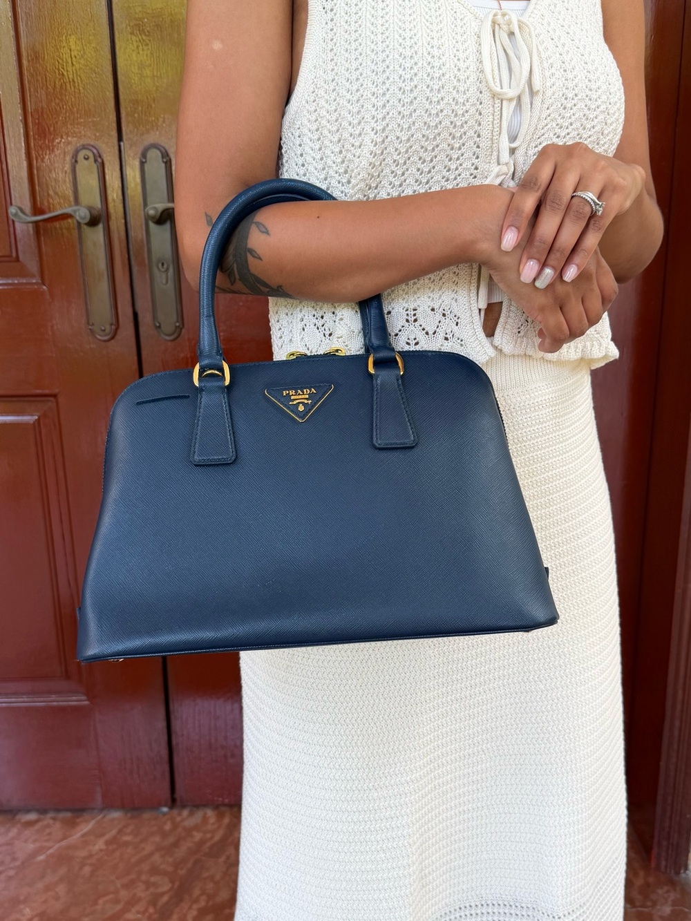 Prada BL0937 Blue Saffiano Leather 2-Way Top Handle Shoulder Bag - Picture 2 of 11